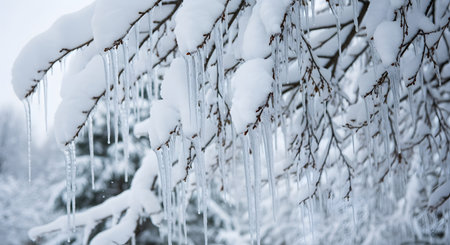 Winter season features icy icicles hanging from snow-covered tree branches Cold weather brings frozen beauty Outdoor scene Nature shows seasonal transformation and frozen nature. AI Generative AI generatedの素材