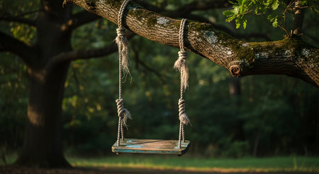 Rope swing hanging from tree branch summer outdoor recreation greenery. Tranquil serenity nature peaceful scene childhood joy. Perfect summer day relaxation fun. AI Generative AI generatedの素材
