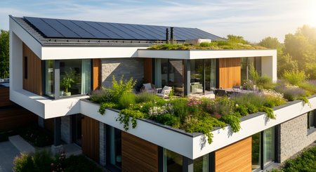 Modern house featuring green roof solar panels promoting sustainable living and architectural design innovation. Eco friendly home with innovative design greenery roof. AI Generative AI generatedの素材