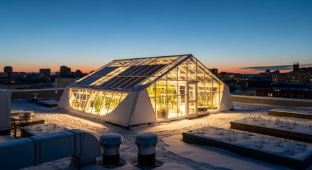 Rooftop greenhouse at night with city skyline background. Urban farming scene featuring sustainable agriculture and horticulture. Promotes environmental awareness and self sufficiency. AI Generative AI generatedの素材