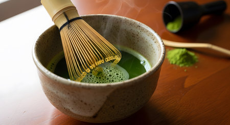 Preparing matcha tea using green tea powder. Whisk for Japanese tea ceremony. Healthy drink serving in bowl. Perfect for traditional tea culture. AI Generative AI generatedの素材