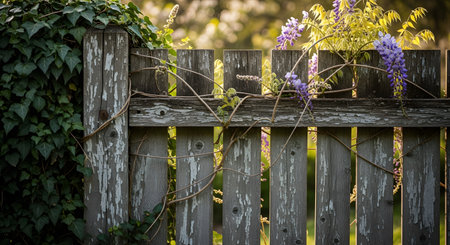 Capture the rustic charm of a wooden garden gate adorned with climbing vines and wisteria flowers, found within a countryside outdoor setting. Embrace nature's beauty in rustic backyard. AI Generative AI generatedの素材