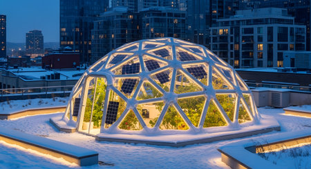 Illuminated geodesic dome greenhouse on building rooftop at night. Winter urban garden scene depicting sustainable agriculture. Glowing lights around framework. Exterior view of futuristic farm. A rooftop oasis in the city. AI Generative AI generatedの素材