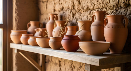Clay vessels collection showcases rustic pottery, ancient vases, and bowls on wooden shelf. Earth tone handmade vessels stand against textured wall displaying craftsmanship and history. Collection of earth tone vessels evokes artistic clay pottery AI Generative AI generatedの素材