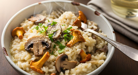 Close up shot mushroom risotto showcasing creamy rice fungi. An appetizing Italian cuisine dish gourmet meal. Perfect vegetarian food for lunch or dinner. AI Generative AI generatedの素材