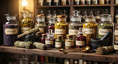Apothecary collection with jars filled with herbs Alternative medicine and natural remedies display Herbalist showcase of organic ingredients Vintage storage solutions for natural medicine Natural pharmacy. AI Generative AI generatedの素材