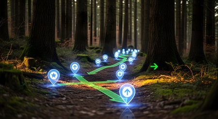Magical forest scene featuring glowing trail markers and directional arrows. Green path winding through trees enhanced with light effects for immersive nature experience. AI Generative AI generatedの素材