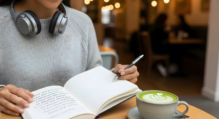 Cozy cafe scene person writing in notebook matcha latte cup on table. Relaxed atmosphere study journal. Creative writing with delicious hot beverage. Lifestyle coffee shop. AI Generative AI generatedの素材