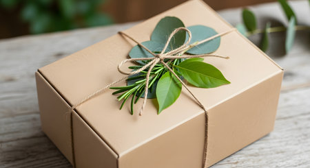 Elegant gift box adorned with natural greenery rustic charm. Carefully wrapped present features leaves twine string. Thoughtful packaging rustic style green foliage. Celebration present. AI Generative AI generatedの素材