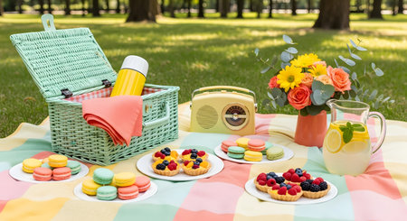 Delightful picnic arrangement featuring macarons, mini tarts, lemonade, and basket on soft blanket. A quaint radio and vase of flowers add charming details, set against a backdrop of green grass and trees on sunny day. AI Generative AI generatedの素材
