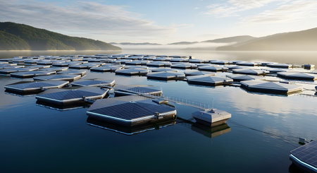 Floating solar panel array generates renewable power Sustainable energy innovation on lake Waterborne photovoltaic installation Solar farms harnessing sun's energy Eco-friendly electricity production Technological advancement. AI Generative AI generatedの素材
