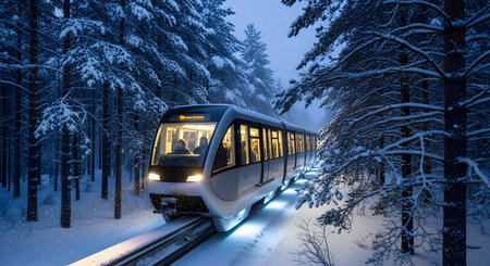 Modern snow train travels through snowy winter landscape evening. Futuristic transportation system efficient public transit. Scenic journey among snow covered trees. Advanced railway technology. AI Generative AI generatedの素材