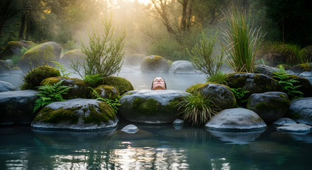 A woman relaxes in natural hot springs surrounded by mossy stones. This tranquil scene depicts relaxation, wellness, and escape in nature. Focus on serene retreat, natural landscape, and geothermal spa. AI Generative AI generatedの素材