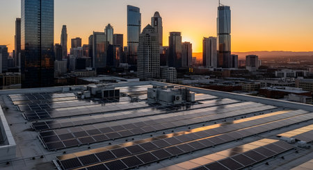Urban building with rooftop solar panels generating renewable energy. Sustainable technology integrated into cityscape. Breathtaking view with the sun setting. AI Generative AI generatedの素材