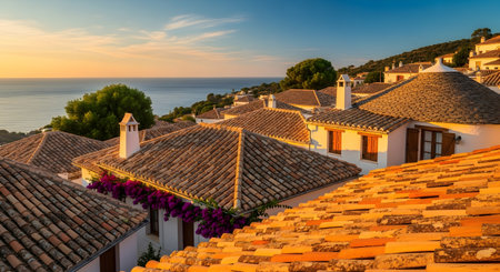 High angle view of Spanish village rooftops with terracotta tiles. Picturesque coastal setting, traditional architecture with whitewashed buildings and plants at golden hour sunset AI Generative AI generatedの素材