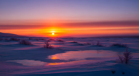 Tranquil winter landscape. Sunset with fiery sky reflected in frozen pools. Snow covered ground extends to horizon. Peaceful scene. Nature at its finest. Serene winter scenery. AI Generative AI generatedの素材