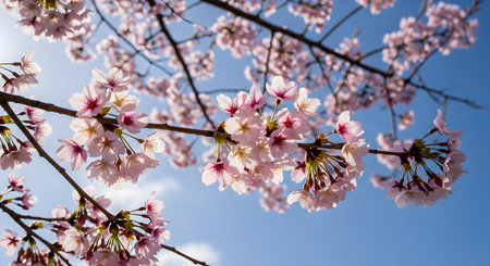 Springtime cherry blossoms on branches against a blue sky. Floral bloom freshness outdoor nature scene tree branch seasonal change beauty petal flower japanese AI Generative AI generatedの素材