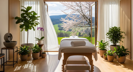 Massage table surrounded by an indoor garden creates a tranquil spa day. Relaxation and green nature are just steps away. Overlooking nature makes an amazing location to unwind. AI Generative AI generatedの素材
