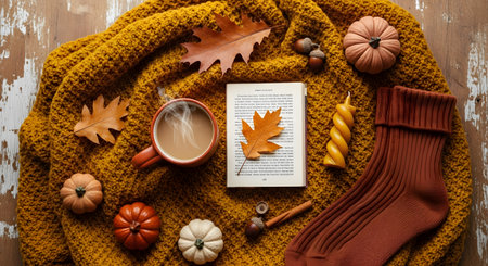 Autumn still life displays coziness warm blanket cup of coffee book candle sock autumn leaves pumpkins acorns cinnamon stick. Warm beverage reading time autumnal atmosphere. Relaxing hygge lifestyle. AI Generative AI generatedの素材