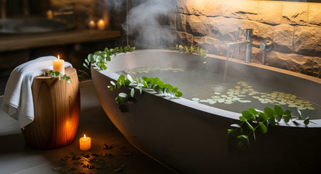 Experience luxurious spa with stone bathtub surrounded by eucalyptus and candles enhancing relaxation and pampering. Create at home spa atmosphere in stone and wood retreat. AI Generative AI generatedの素材