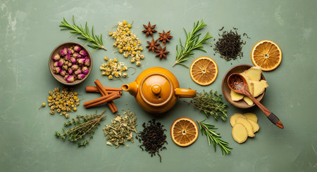 Overhead composition of herbal tea arrangement features teapot spices and dried citrus slices. Aromatic ingredients like rosemary and chamomile create inviting still life perfect for warm beverage concepts and wellness themes. AI Generative AI generatedの素材