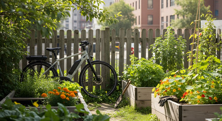 Lush urban vegetable garden featuring a bicycle leaning against a wooden fence. Diverse plants and vegetables growing in raised garden beds in city. AI Generative AI generatedの素材