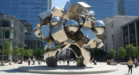 Modern urban sculpture with metallic spheres and cubes reflects surrounding architecture. Public space centerpiece attracts attention with reflective art. Artwork enhances city. AI Generative AI generatedの素材