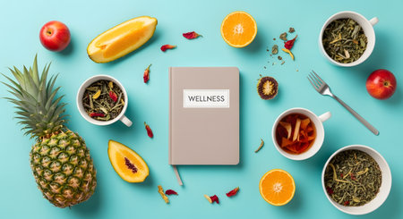Still life featuring fruits, teas, and a wellness journal on a blue background to achieve a healthy lifestyle. Composition promoting nutritious eating and mental well-being. Tea cups with a notebook for mindful reflection and healthy choices. AI Generative AI generatedの素材