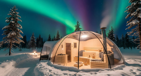 Experience serene winter retreat in unique sauna dome illuminated by vibrant aurora borealis. Enjoy cozy warmth amidst snowy forest landscape offering tranquil getaway under colorful night sky. AI Generative AI generatedの素材