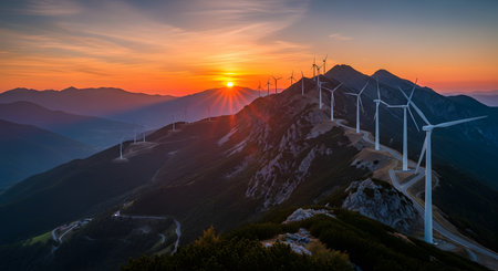 Wind turbines generate clean renewable energy on mountain ridge at sunset. The landscape features ecology, green power production and electricity. Clean resources for ecological environmental solutions and preservation. AI Generative AI generatedの素材