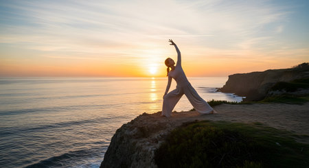 Tranquil sunset yoga practice on coastal cliff top serene ocean view with yoga pose. Sunset yoga session balanced lifestyle. Silhouette woman yoga figure stretches on clifftop AI Generative AI generatedの素材