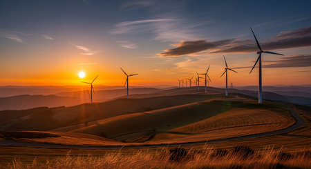 Wind turbines stand silhouetted against a golden sunset over rolling hills. This landscape shows sustainable energy generation with renewable power and wind power, set against a scenic backdrop. It emphasizes clean energy. AI Generative AI generatedの素材