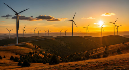 Scenic landscape of wind turbines dotting rolling hills. Sunset sky paints the background. Clean energy and sustainable future source of power. Environmentally conscious technology alternative. Beautiful view AI Generative AI generatedの素材