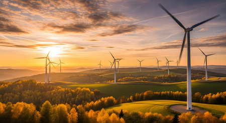 Panoramic view wind turbines landscape at sunset. Wind farm energy source generating power hills. Alternative energy production natural setting scenic environment green technology. AI Generative AI generatedの素材