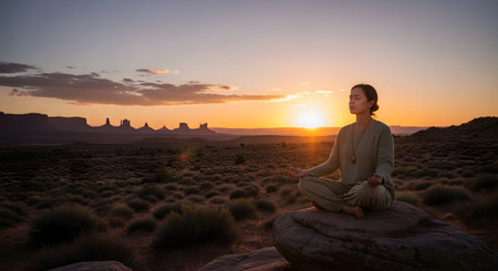 Woman meditates peaceful desert landscape serene setting. Tranquil scene captures mindfulness wellness. Practice allows inner peace connection nature calm spirit. AI Generative AI generatedの素材