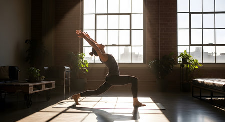Person is practicing yoga in a sunlit studio, creating a silhouette against large windows. Serene fitness environment promotes balance, strength, and mindfulness. Yoga poses for flexibility. AI Generative AI generatedの素材
