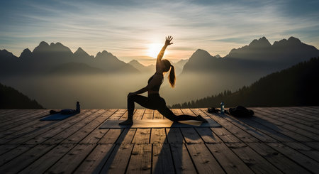 Young woman silhouette practicing yoga outside. Mountain vista in the morning for physical activity with wellness display. Outdoor activity on wooden platform to find inner peace. AI Generative AI generatedの素材