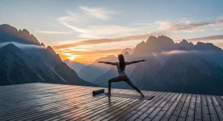 Woman practicing yoga at sunrise in warrior pose yoga outdoors. Serene outdoor scene with wooden platform and sunlight peeking over distant mountains landscape. Tranquil yoga in beautiful mountain environment. AI Generative AI generatedの素材