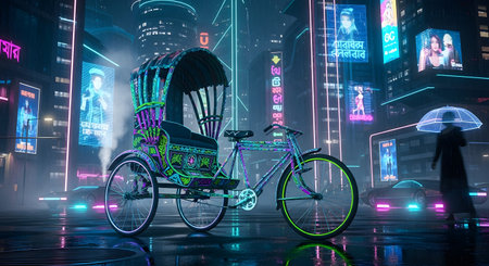Rickshaw in cyberpunk city with neon lights and futuristic design. Cityscape illustration features vibrant neon reflections on wet street at night. Transport with a modern twist. AI Generative AI generatedの素材