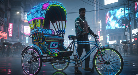 Neon lit rickshaw on a rainy city street. Vibrant and colorful urban transport with glowing lights at night. Street scene in the rain with a rickshaw driver. AI Generative AI generatedの素材