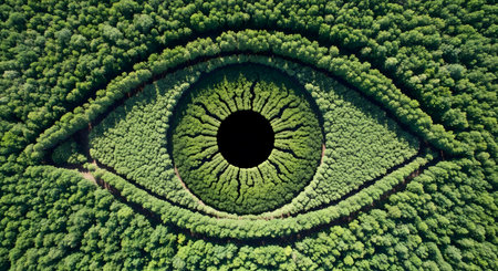 Aerial view of a forest eye. Unique image displaying a tree-shaped iris and pupil within a vast forest. Nature concept art. AI Generative AI generatedの素材