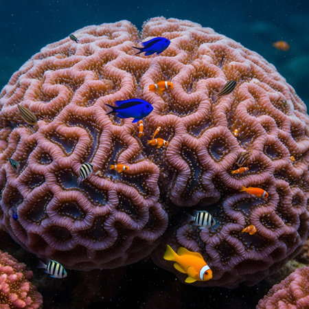 Vibrant underwater scenery features brain coral reef with an assortment of tropical fish creating a stunning marine ecosystem showcasing biodiversity colorful life aquatic. Ocean environment concept. AI Generative AI generatedの素材