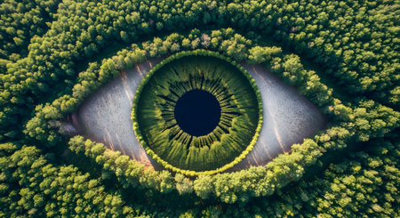 Aerial view forest shaped eye ecological vision sustainability green environment art. Environment conservation perspective AI Generative AI generatedの素材
