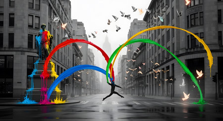 Dramatic cityscape art features colorful paint splashing sculpture. Pigeons fly through arches created by fluid paint. Black and white background emphasizes burst color on urban street. AI Generative AI generatedの素材