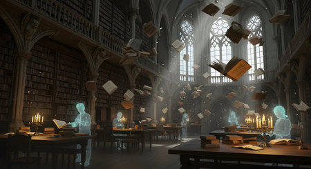 A grand old library with many books floating through air and several translucent ghost figures reading. Ancient books study knowledge education learning concept. AI Generative AI generatedの素材