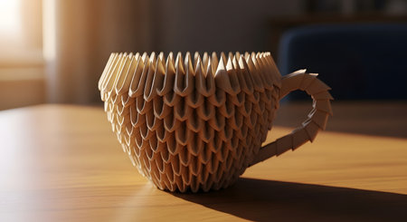 Close up of an origami style mug on wooden table with soft light. Paper crafted tea cup with intricate folds and textures. Table provides subtle background. AI Generative AI generatedの素材