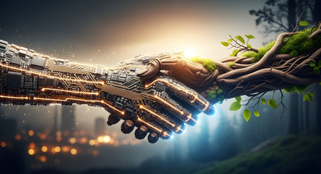 Handshake between nature technology wood roots and electronic circuits abstract collaboration. Fusion nature and future innovation concept synergy AI Generative AI generatedの素材