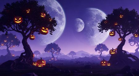 Fantasy Halloween night with illuminated jack o lanterns among bare trees against eerie moonlit sky. Halloween landscape featuring glowing pumpkins in haunted forest. Dreamlike autumn scenery with mystical moon. AI Generative AI generatedの素材