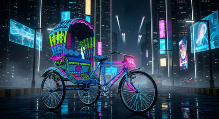 Cyberpunk themed rickshaw in city street, adorned neon lights and digital displays. Futuristic cityscape with flying vehicles. Vibrant, tech enhanced traditional mode. AI Generative AI generatedの素材