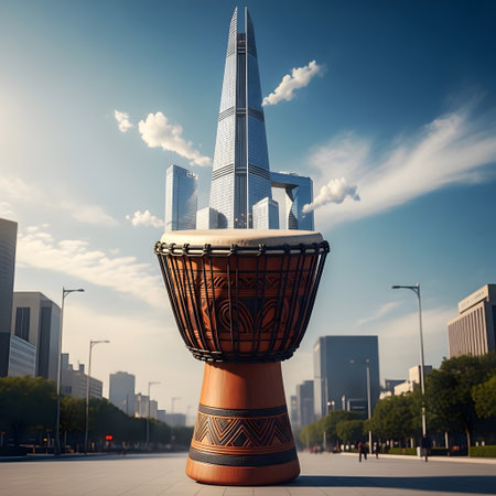 Unique cityscape composition. Shanghai skyline with iconic skyscraper placed atop African djembe drum. Cultural fusion creates unexpected artistic statement representing architecture and music. AI Generative AI generatedの素材